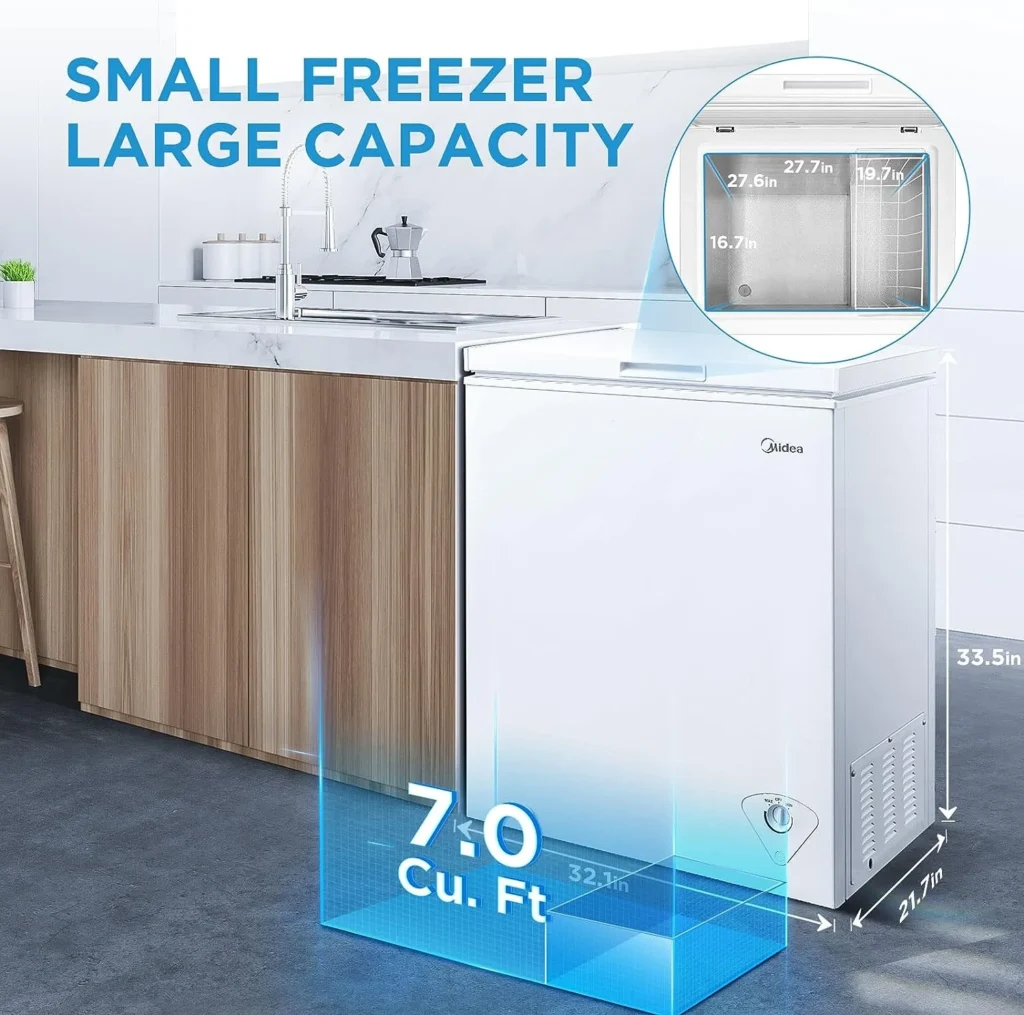 The midea chest freezer 7.0 features large storage capacity with a compact design