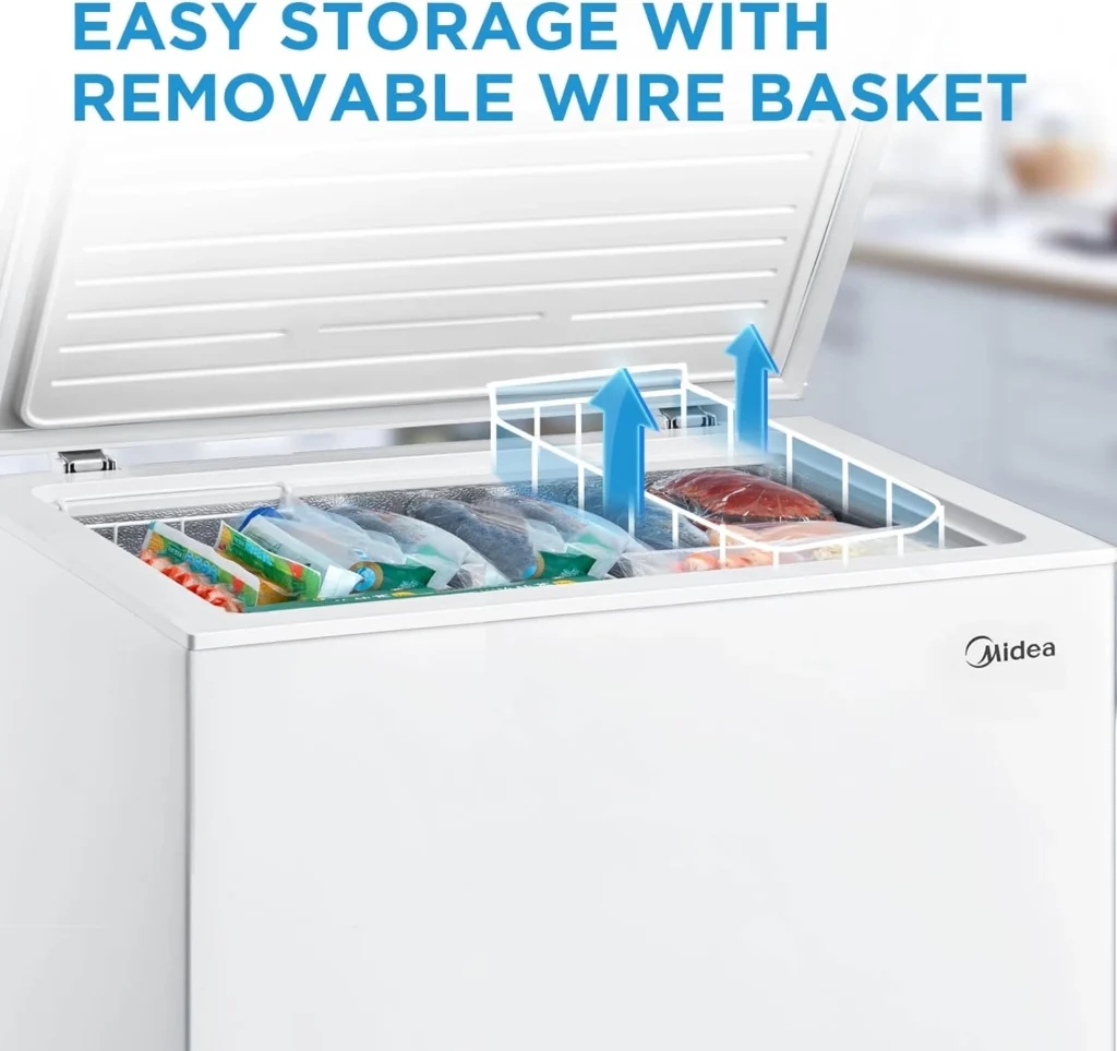 the midea 7 cu ft chest freezer includes removable basket for easy storage